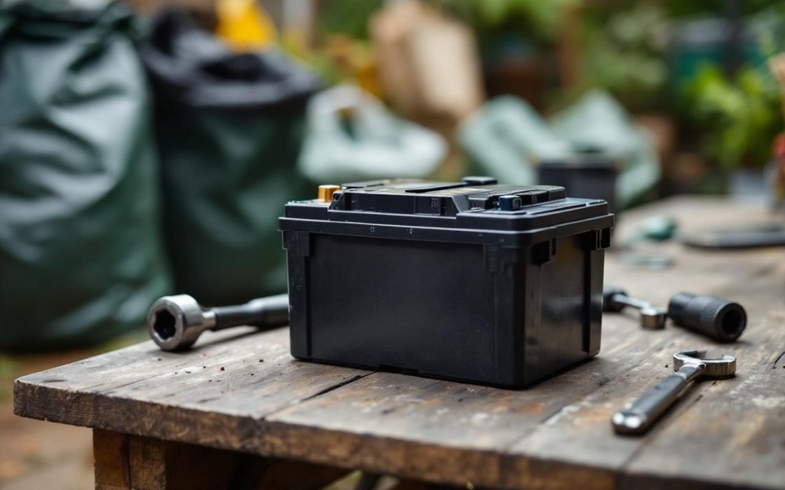 Batterie de tondeuse posée sur un établi de jardin, avec des outils d’entretien à proximité et des sacs de recyclage en arrière-plan.