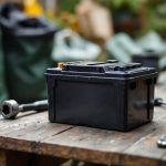 Batterie de tondeuse posée sur un établi de jardin, avec des outils d’entretien à proximité et des sacs de recyclage en arrière-plan.