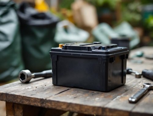 Batterie de tondeuse posée sur un établi de jardin, avec des outils d’entretien à proximité et des sacs de recyclage en arrière-plan.