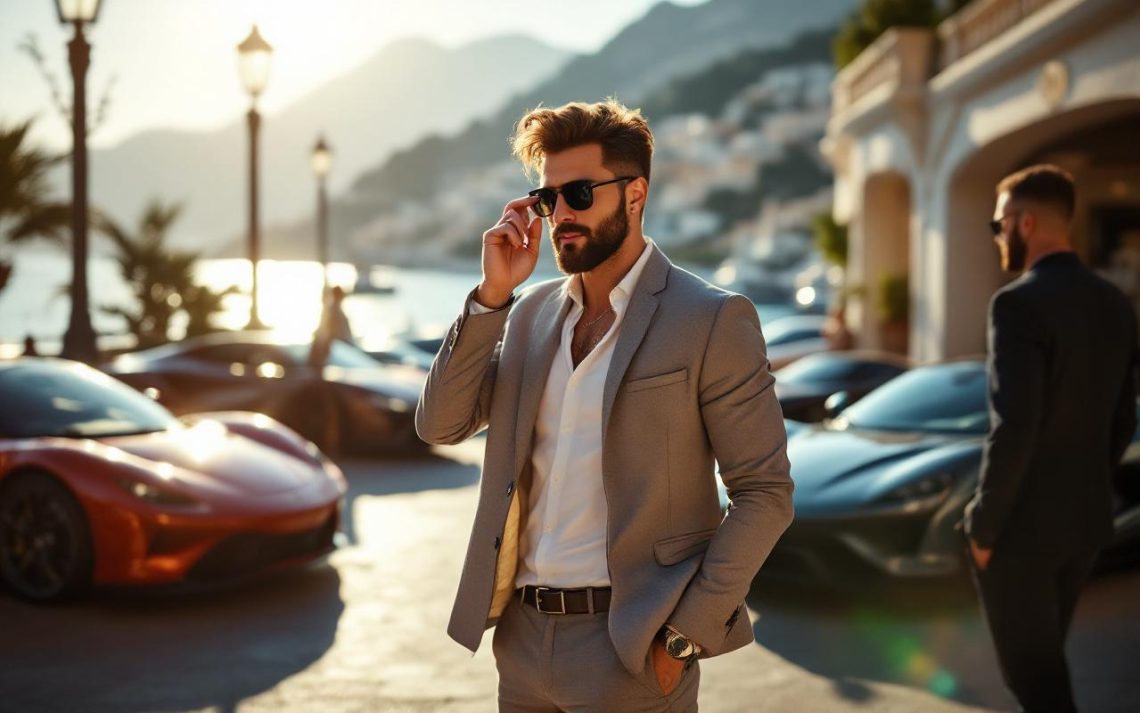 Un homme influenceur automobile devant un garage de Monaco, entouré de plusieurs supercars luxueuses, sous une lumière naturelle, ambiance éditoriale réaliste.