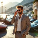 Un homme influenceur automobile devant un garage de Monaco, entouré de plusieurs supercars luxueuses, sous une lumière naturelle, ambiance éditoriale réaliste.
