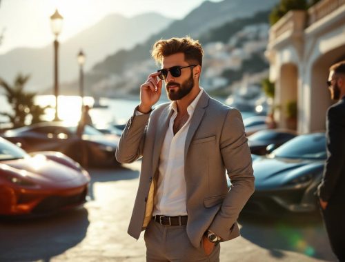 Un homme influenceur automobile devant un garage de Monaco, entouré de plusieurs supercars luxueuses, sous une lumière naturelle, ambiance éditoriale réaliste.