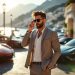 Un homme influenceur automobile devant un garage de Monaco, entouré de plusieurs supercars luxueuses, sous une lumière naturelle, ambiance éditoriale réaliste.