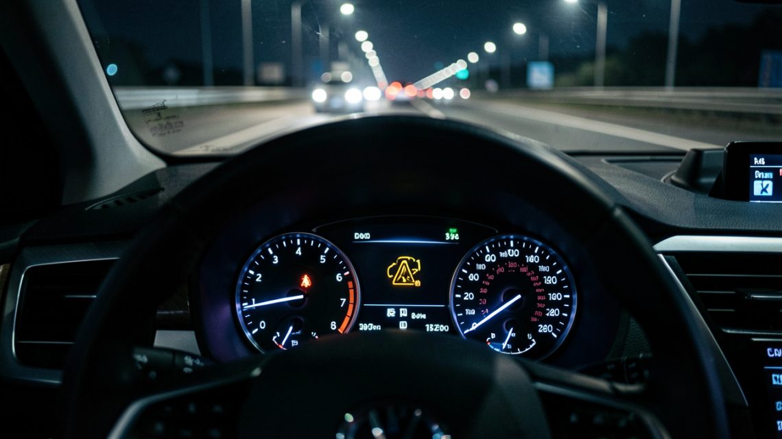 Vue réaliste du tableau de bord d’une voiture sur une autoroute de nuit, avec un voyant de dysfonctionnement moteur d’injection allumé et une ambiance cinématographique.