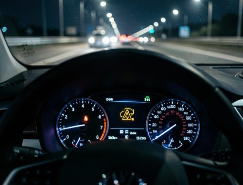 Vue réaliste du tableau de bord d’une voiture sur une autoroute de nuit, avec un voyant de dysfonctionnement moteur d’injection allumé et une ambiance cinématographique.