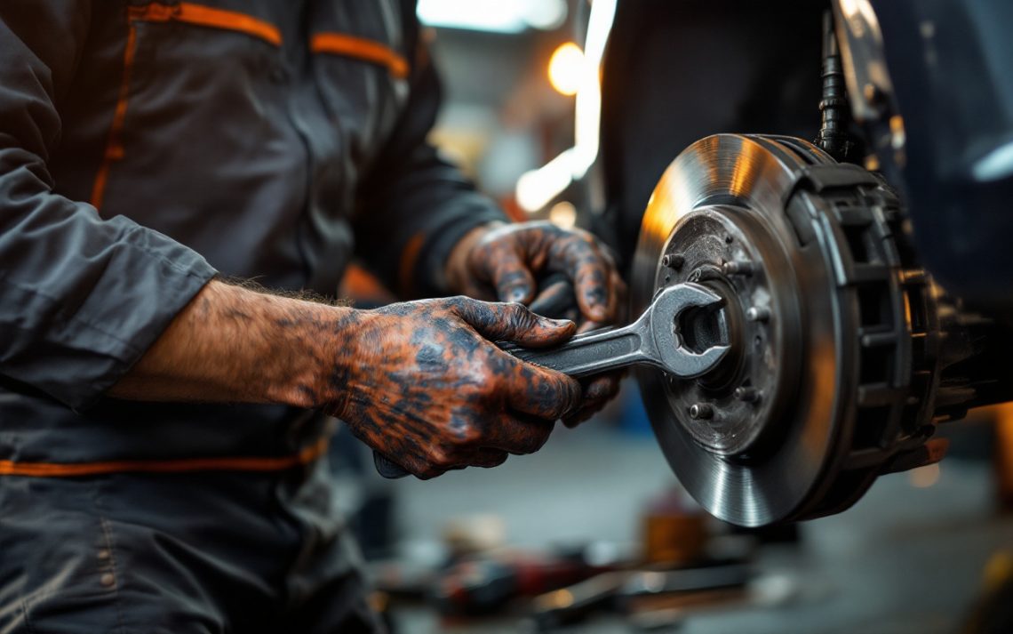 Un mécanicien vérifie les plaquettes de frein d'une voiture dans un garage, mains graisseuses tenant une clé, voiture sur élévateur, outils en arrière-plan, lumière volumétrique chaude orangée et ombres froides, ambiance réaliste et concentrée.