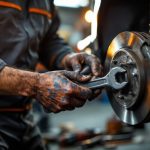 Un mécanicien vérifie les plaquettes de frein d'une voiture dans un garage, mains graisseuses tenant une clé, voiture sur élévateur, outils en arrière-plan, lumière volumétrique chaude orangée et ombres froides, ambiance réaliste et concentrée.