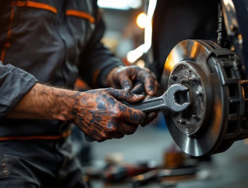 Un mécanicien vérifie les plaquettes de frein d'une voiture dans un garage, mains graisseuses tenant une clé, voiture sur élévateur, outils en arrière-plan, lumière volumétrique chaude orangée et ombres froides, ambiance réaliste et concentrée.