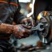 Un mécanicien vérifie les plaquettes de frein d'une voiture dans un garage, mains graisseuses tenant une clé, voiture sur élévateur, outils en arrière-plan, lumière volumétrique chaude orangée et ombres froides, ambiance réaliste et concentrée.