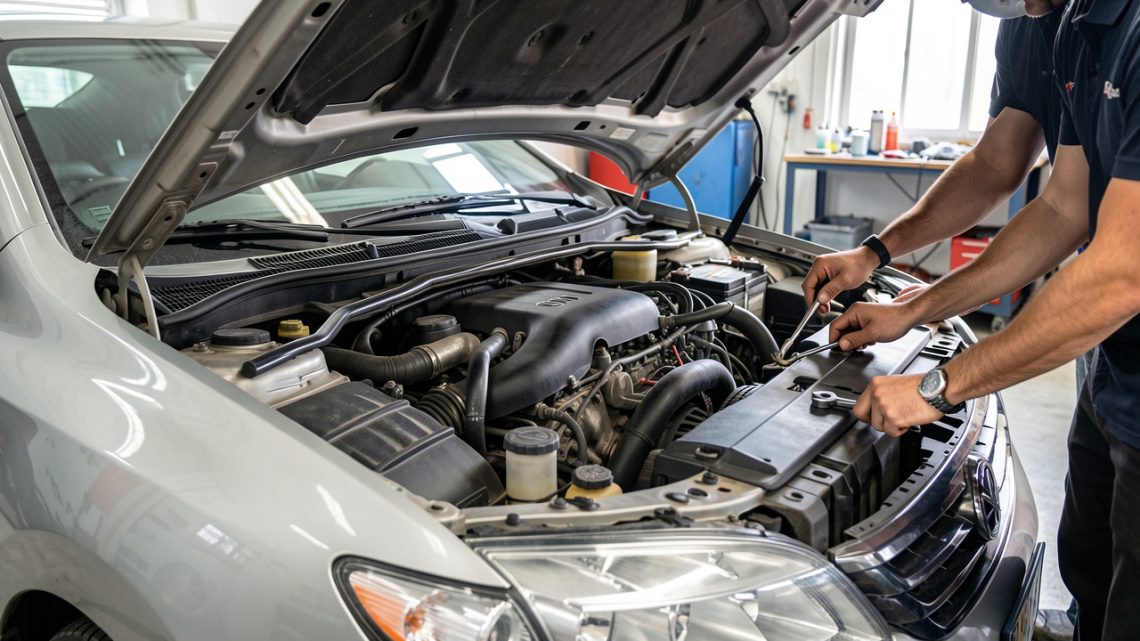 Voiture garée dans un atelier automobile, capot ouvert, inspection mécanique détaillée de la zone moteur, ambiance propre et éclairage naturel.
