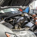 Voiture garée dans un atelier automobile, capot ouvert, inspection mécanique détaillée de la zone moteur, ambiance propre et éclairage naturel.
