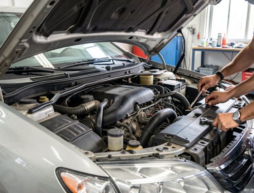 Voiture garée dans un atelier automobile, capot ouvert, inspection mécanique détaillée de la zone moteur, ambiance propre et éclairage naturel.