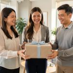 Trois collègues, deux femmes et un homme, présentent ensemble un cadeau soigneusement emballé dans un espace de bureau lumineux.