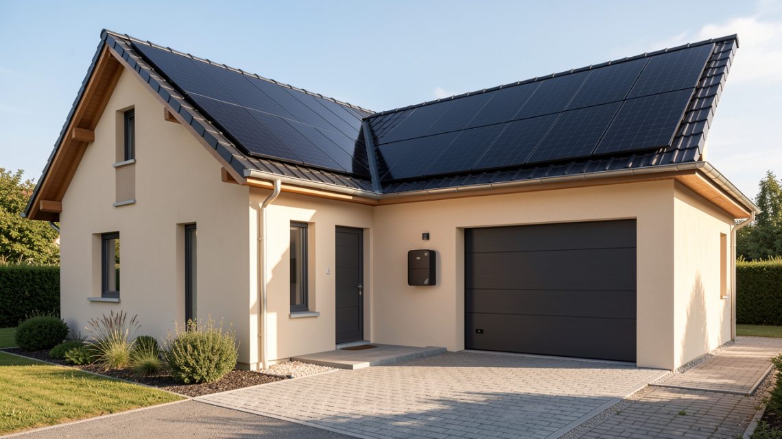 Maison individuelle française équipée de panneaux solaires noirs sur le toit et d’une batterie murale dans un garage propre éclairé par la lumière naturelle.
