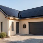 Quels équipements chinois choisir pour des énergies propres à la maison ? Maison individuelle française équipée de panneaux solaires noirs sur le toit et d’une batterie murale dans un garage propre éclairé par la lumière naturelle.