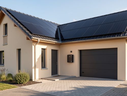 Maison individuelle française équipée de panneaux solaires noirs sur le toit et d’une batterie murale dans un garage propre éclairé par la lumière naturelle.