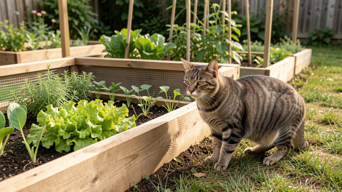 Un chat tigré près d’un potager protégé par une barrière basse et non dangereuse.