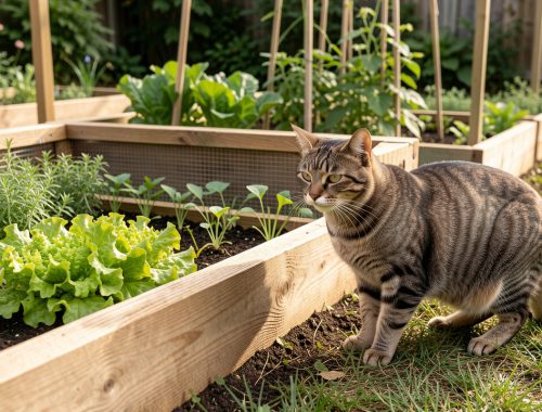 Un chat tigré près d’un potager protégé par une barrière basse et non dangereuse.