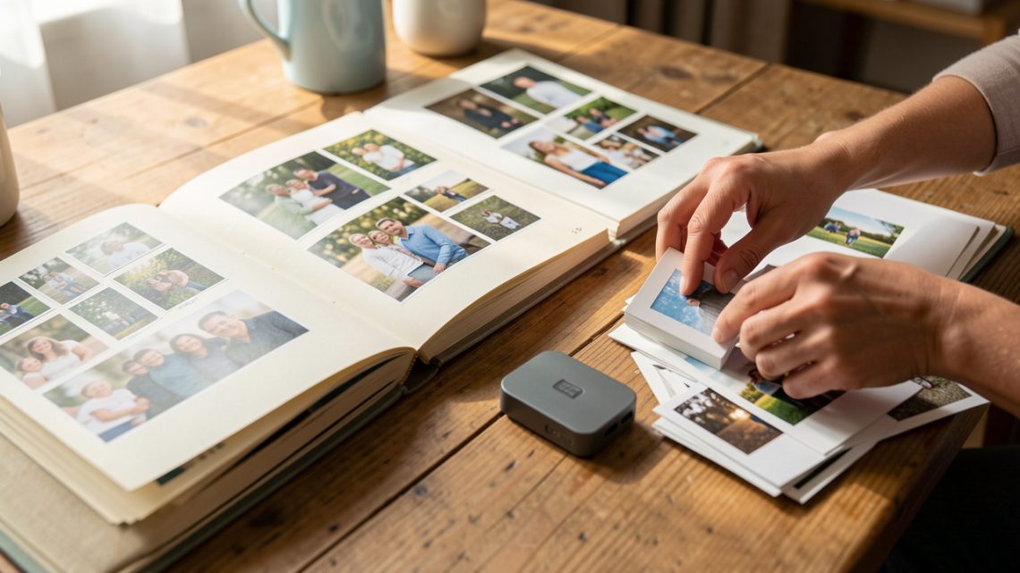 Photographies de famille triées et rangées dans des albums avec un support de stockage externe sur une table en bois.