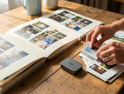 Photographies de famille triées et rangées dans des albums avec un support de stockage externe sur une table en bois.