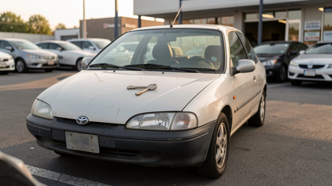 Voiture d’occasion garée dans un parc automobile, avec une seule clé métallique posée bien en évidence sur le capot.