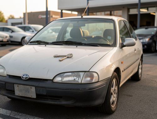 Voiture d’occasion garée dans un parc automobile, avec une seule clé métallique posée bien en évidence sur le capot.