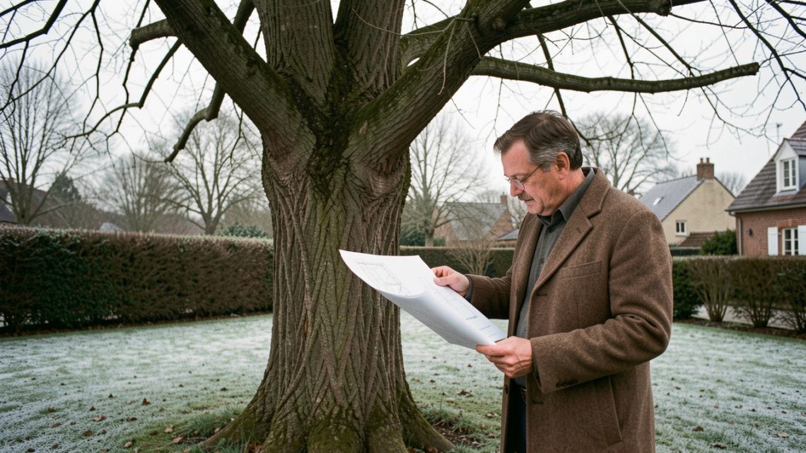 Jardin résidentiel français en hiver avec un grand arbre dénudé et un homme consultant un plan d’urbanisme vierge.