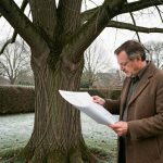 Jardin résidentiel français en hiver avec un grand arbre dénudé et un homme consultant un plan d’urbanisme vierge.