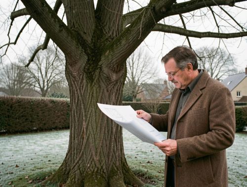 Jardin résidentiel français en hiver avec un grand arbre dénudé et un homme consultant un plan d’urbanisme vierge.