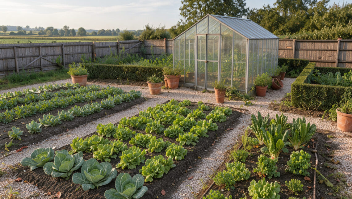Jardin résidentiel français réaliste avec potager bien entretenu, allées de gravier, haies taillées et serre en verre fermée dans une douce lumière matinale.