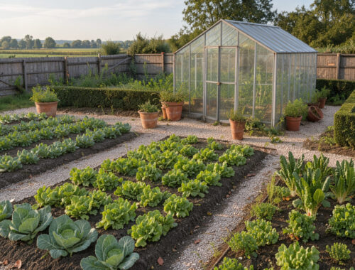 Jardin résidentiel français réaliste avec potager bien entretenu, allées de gravier, haies taillées et serre en verre fermée dans une douce lumière matinale.